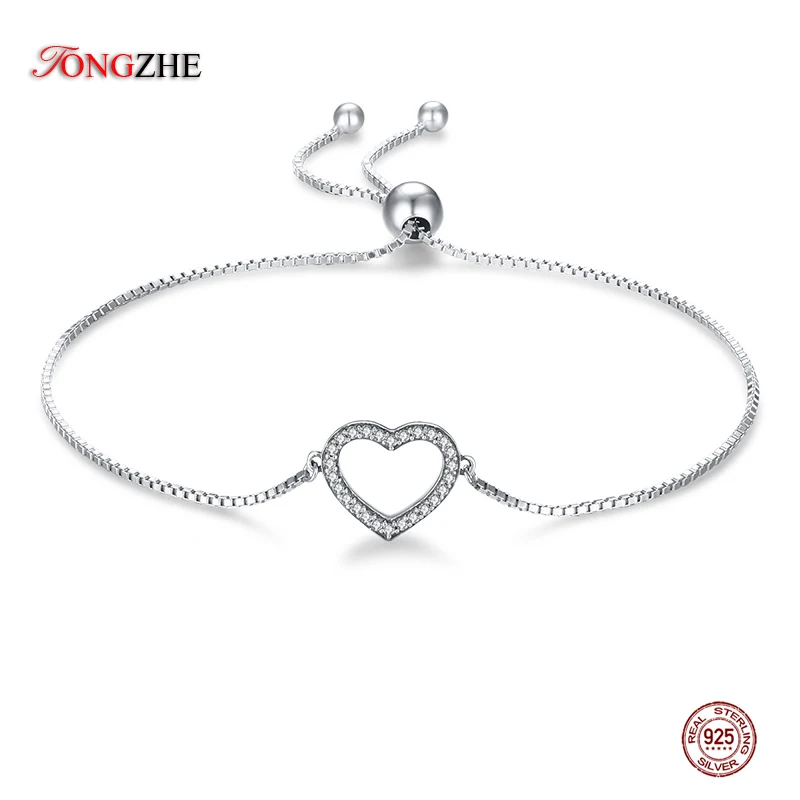 

TONGZHE Women Heart 100% 925 Silver Bracelets Femme with Beads Making Crystal Stone Tennis Chain Adjustable Wedding Jewelry
