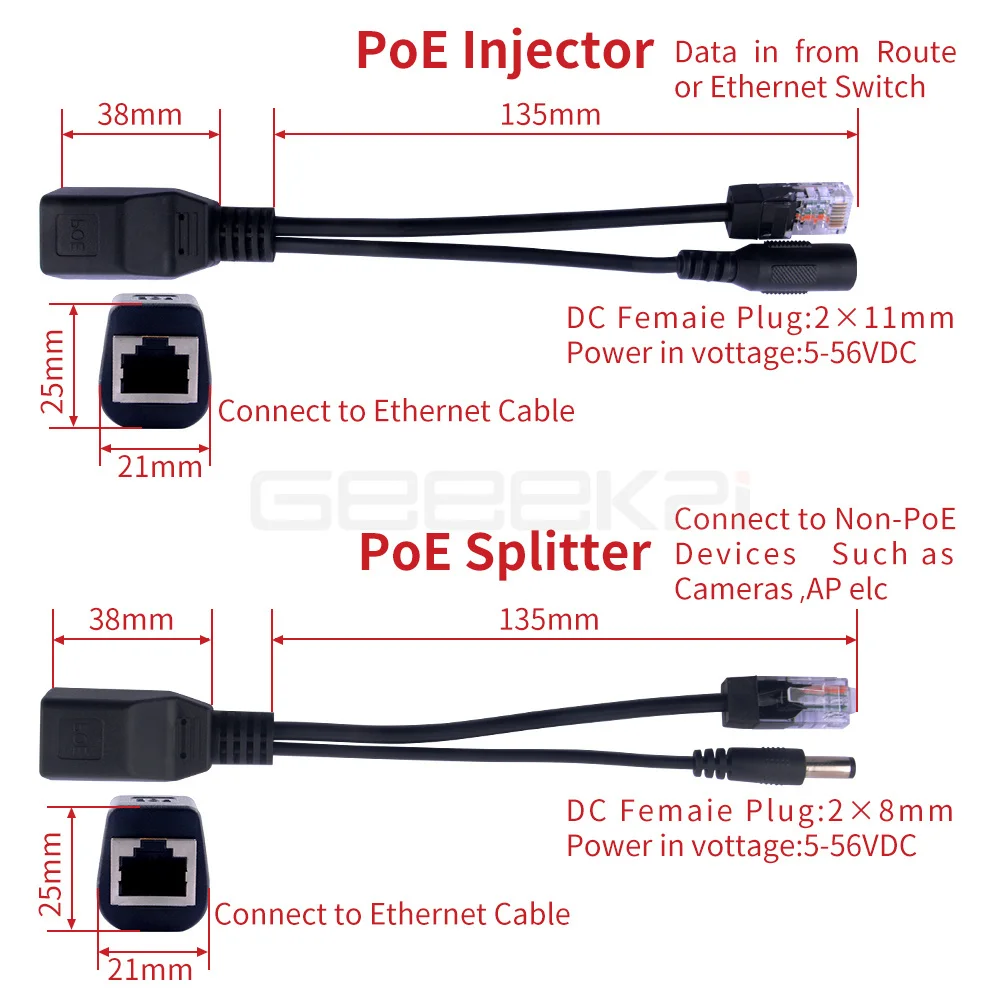 POE Splitter POE Injector Cable POE Splitter Cable Ethernet Adapter 5V-48V ​For WLAN Routers Switches Security Monitoring