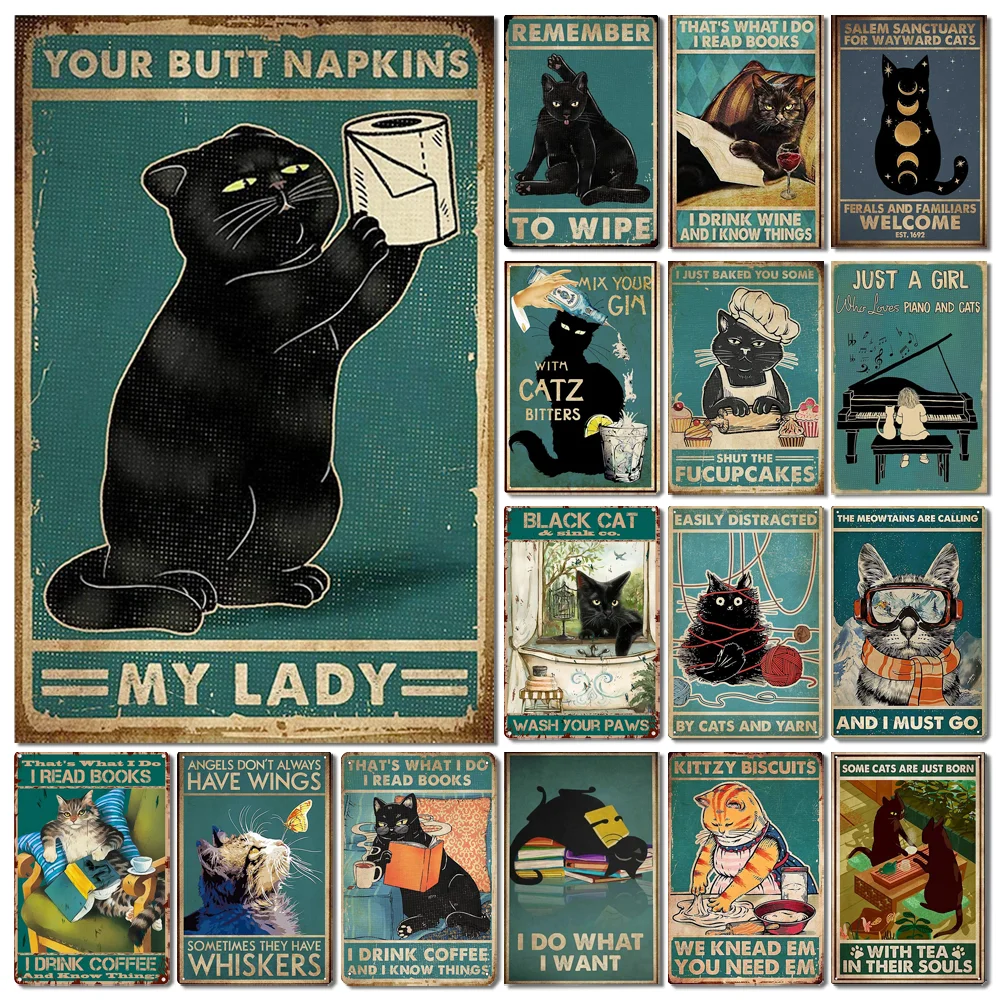 

Cute Black White Cat Retro Metal Poster Vintage Tin Signs Home Living Bedroom Toilet Stair Wall Decor Tin Plaques Iron Painting