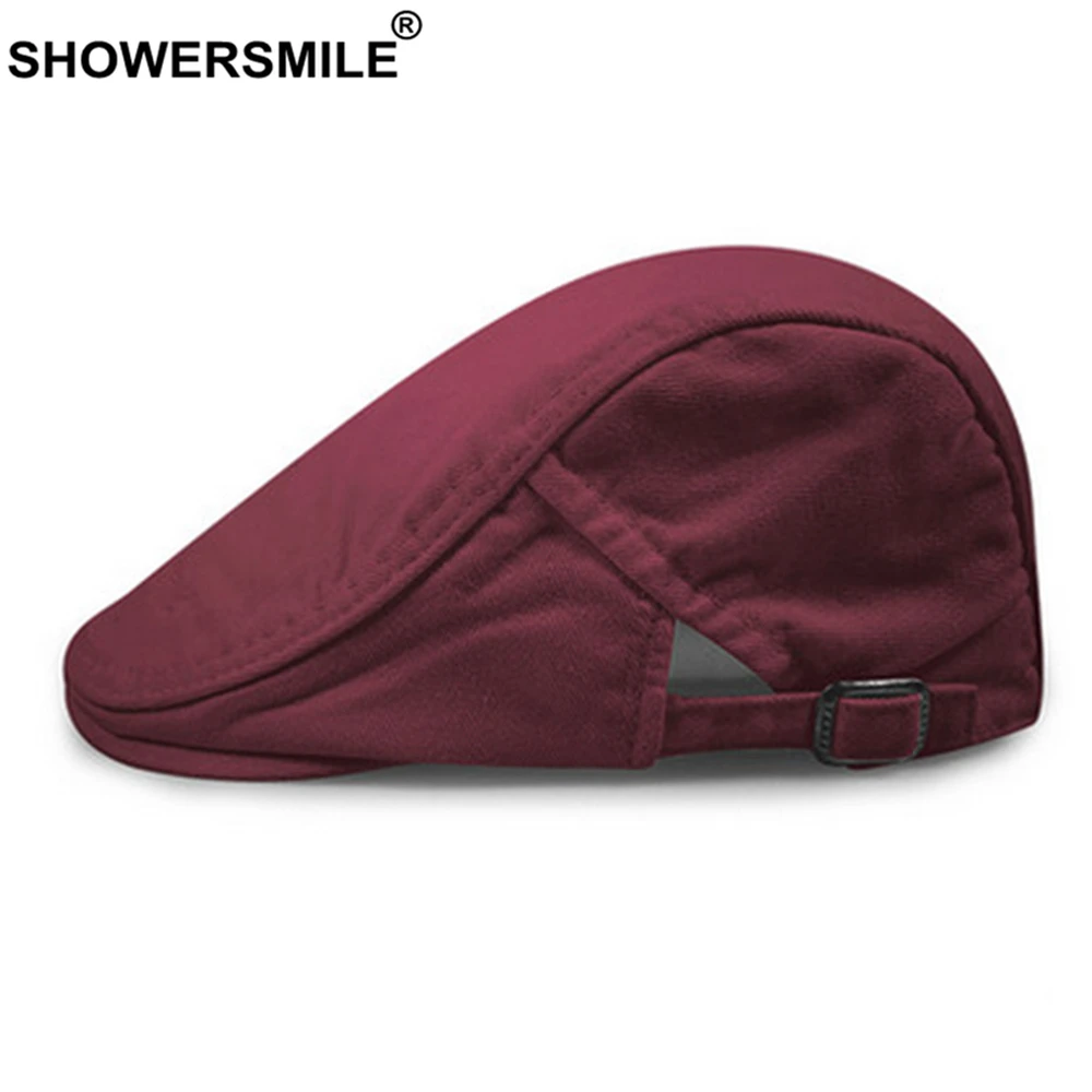 SHOWERSMILE Burgundy Women's Berets Spring Cotton Flat Hats Mens Ivy Cap Solid Color Duckbill Hats Brand British Beret Hat