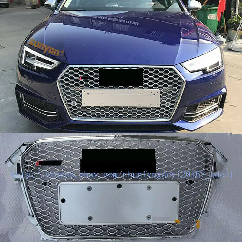 For Audi A4 S4 B8 2013 2014 2015 2016 RS Style Euro Honeycomb Hex Mesh Gloss Silver Grill