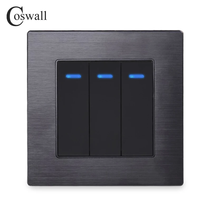 COSWALL 1/2/3/4 Gang 1/2 Way On / Off Rocker Key Wall Light Switch With Blue Backlight EU Socket Black Aluminum Metal Panel