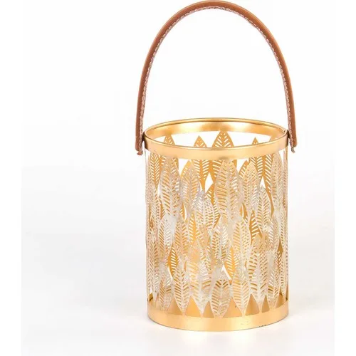 Euro Flora Metal Leaf Pattern Candle Holder Lantern Dore 15x20 cm