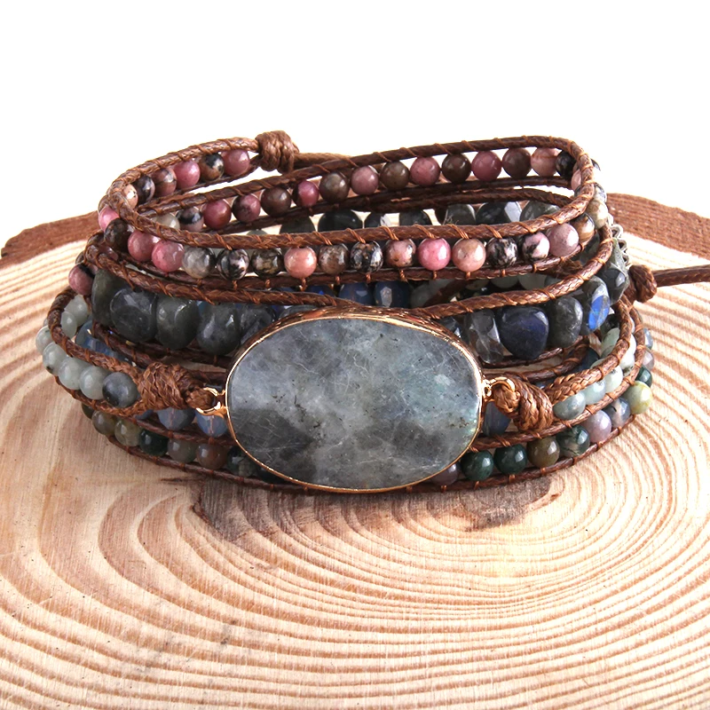 RH Fashion Handma Bohemian Jewelry Purple & Gray Natural Stones Charm 5 Strands Wrap Bracelets Boho Armbander DropShip