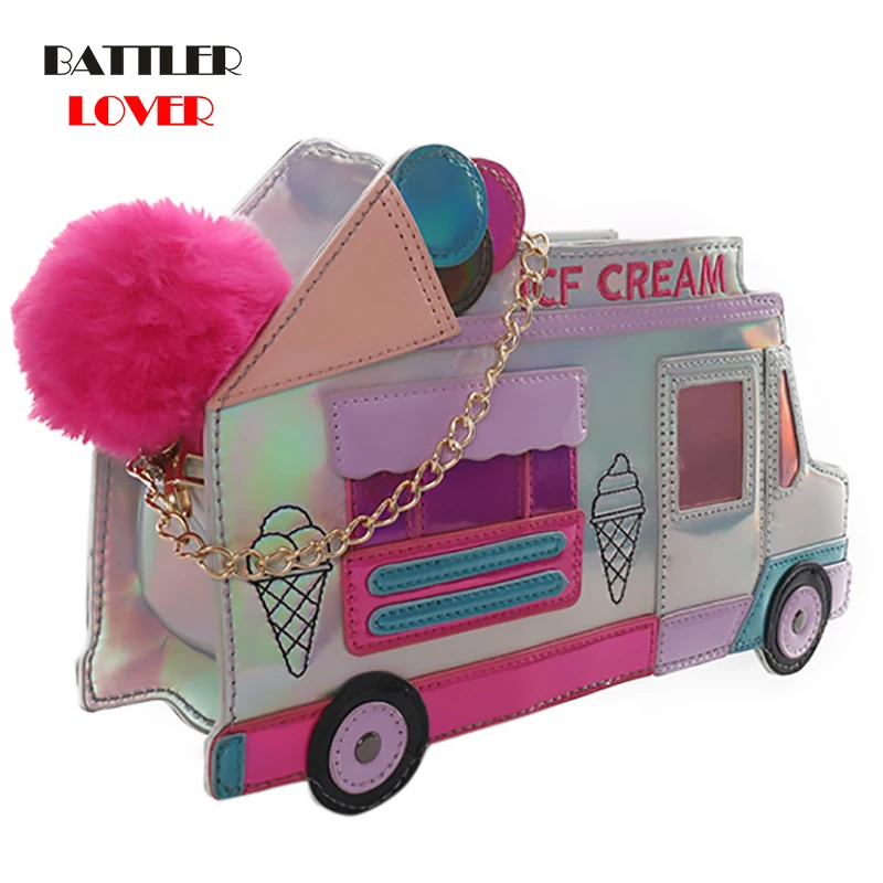 Ice Cream Car Shape Handbag for Women Personality Dazzling Laser Shoulder Bag Female Funny Messenger Bag Crossbody Chain Purse