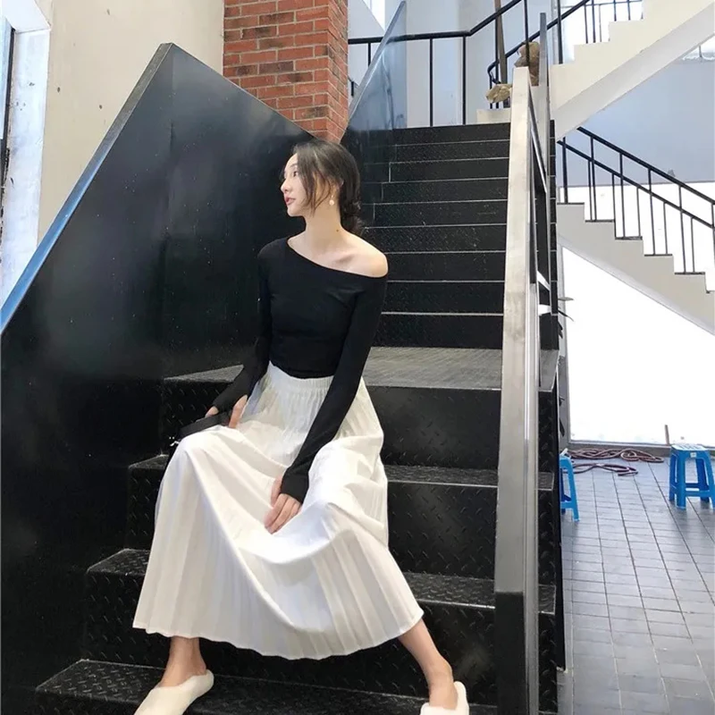 Korean Pleated Skirts Chiffon Long Midi Skirts Women Clothes 2021 Spring Summer Elegant Women White Black High Waist Skirts New