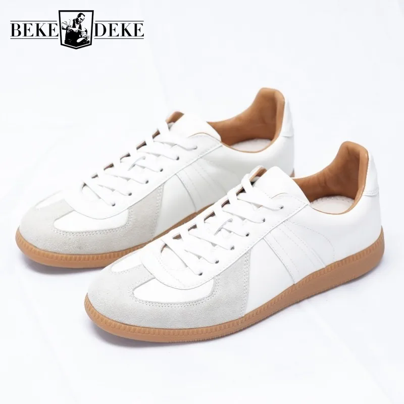 Designer Men Sneakers Vintage Black 100% Real Leather Cowhide Casual Shoes Lace Up White Flat Walking Shoes Luxury Men Trainers