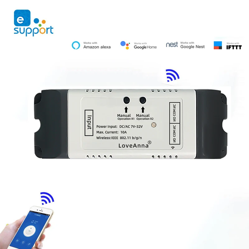 Módulo esperto do interruptor de ewelink 2ch wifi para o motor dc da cortina da porta de rolamento, 12v 24v 32v, relé de 2 canais rf433 para a casa do google alexa