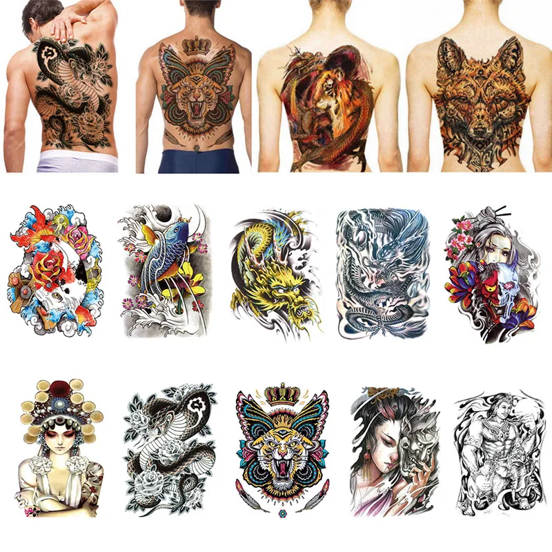 48*35 cm Large full back chest Tattoo Stickers Fish Wolf Buddha Waterproof Temporary Flash Tattoos for men women