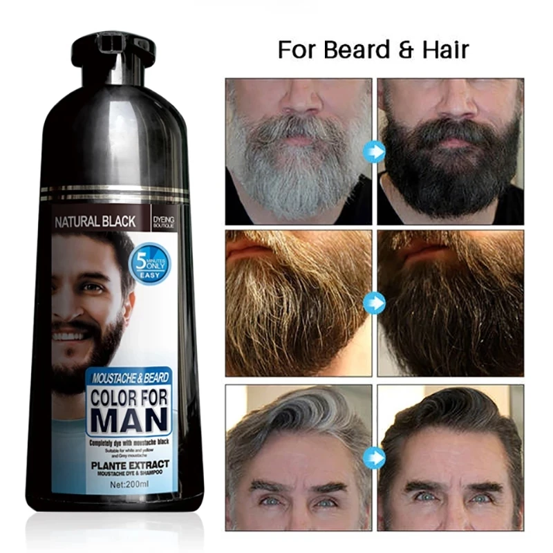 

1 Bottle 200ml Permanent Beard Turn black Dye Shampoo Men Beard Dying Removal White Grey Beard Men Natural Black Beard Care Dye