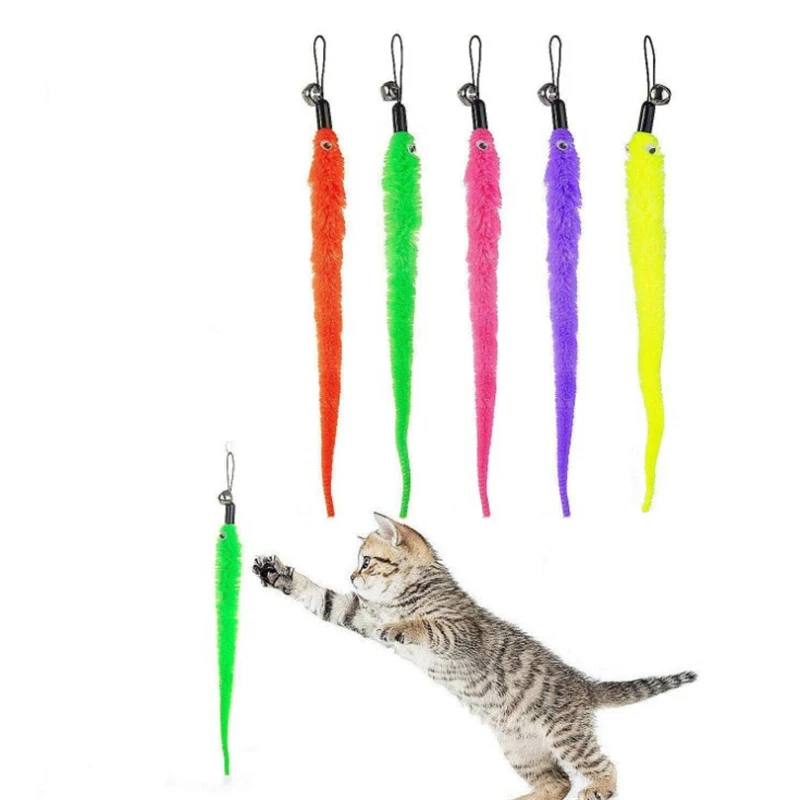100Pcs Cat Wand Toy Replacement Refill Plush Worms Pet Interactive Toy Colorful Teaser Refills with Bell for Kitten Wholesale XB