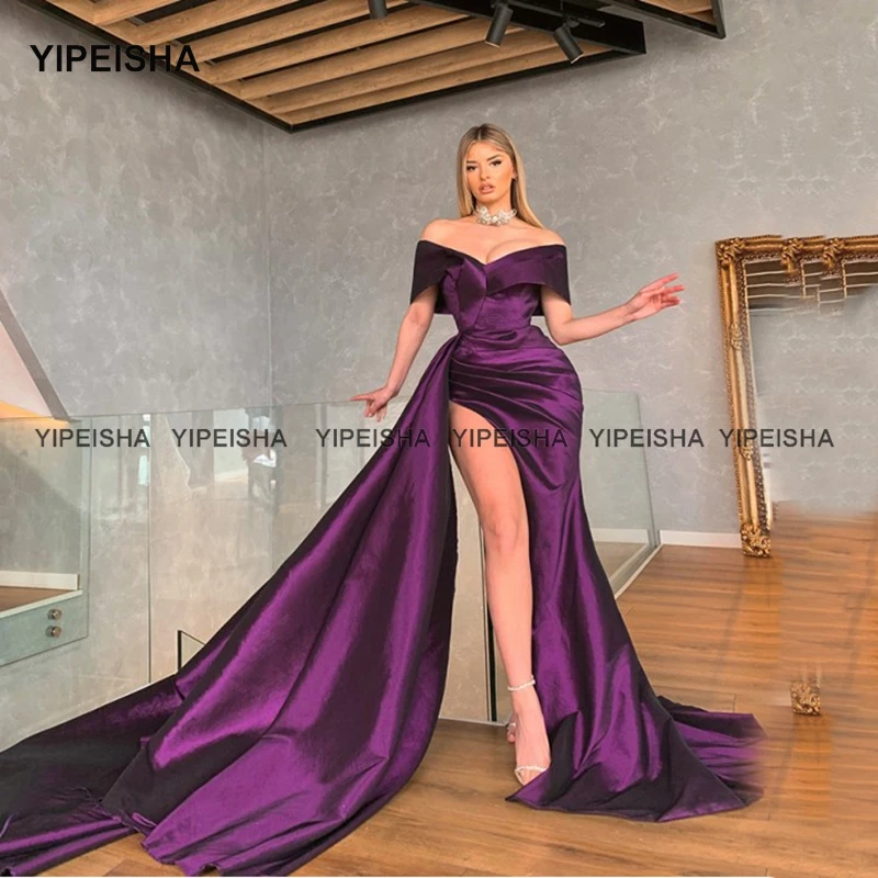 Yipeisha Off-shoulder Purple Prom Dresses Sexy High Split Formal Evening Gown Vestido de Festa Taffeta Mermaid Party Dress Long