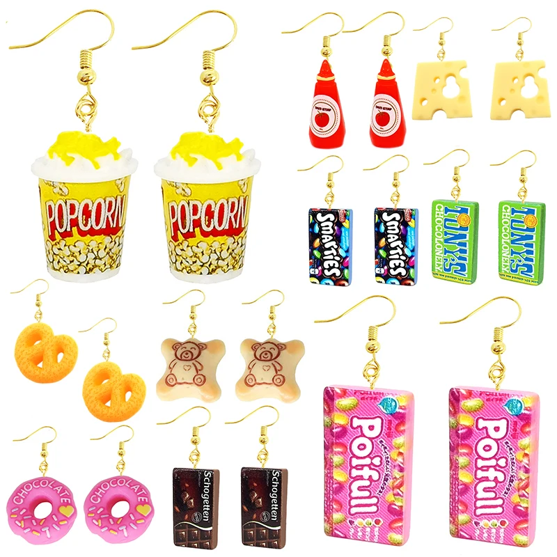 Earring For Women Resin Drop Custom Made Handmade Cute Girls Gift Eardrop Funny food Snacks Popcorn Donut Candy Chocolate Gum