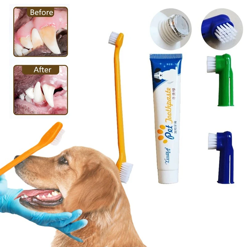 Pet Toothpaste Toothbrush Set Dog Oral Cleaning Supplies Beef Vanilla Flavor Toothpaste Finger Brush Care Set