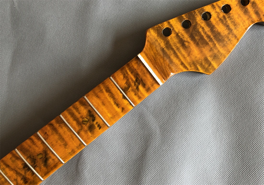 1pc Tiger Flame Maple Guitar Neck 21 Fret Fretboard Abalone Dots Inlay 25.5inch