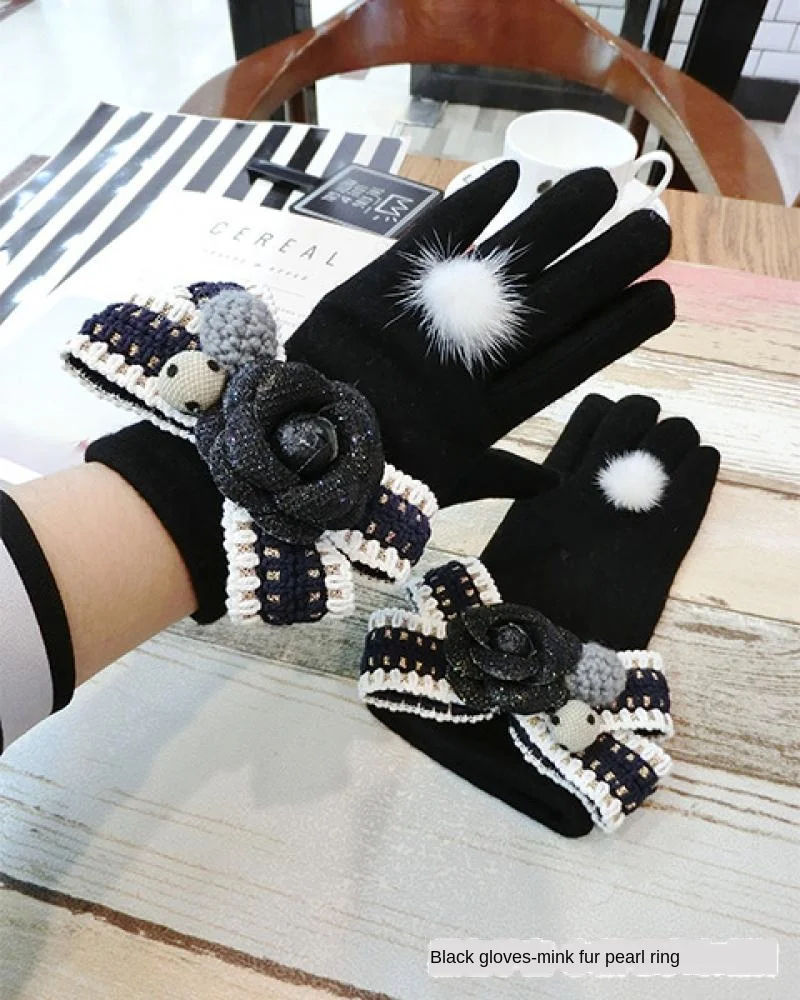 Bowknot Cashmere Gloves Korean Women's Winter Thickening Warm Touch Screen Gloves Girls Winter Students Cute Riding Gloves