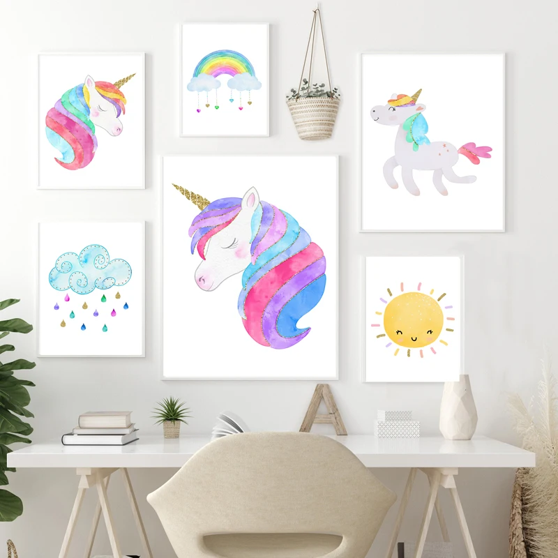 Rainbow Clouds Sun Unicorn Nursery Wall Art Canvas Painting Posters And Prints Wall Pictures Baby Kids Room Décor