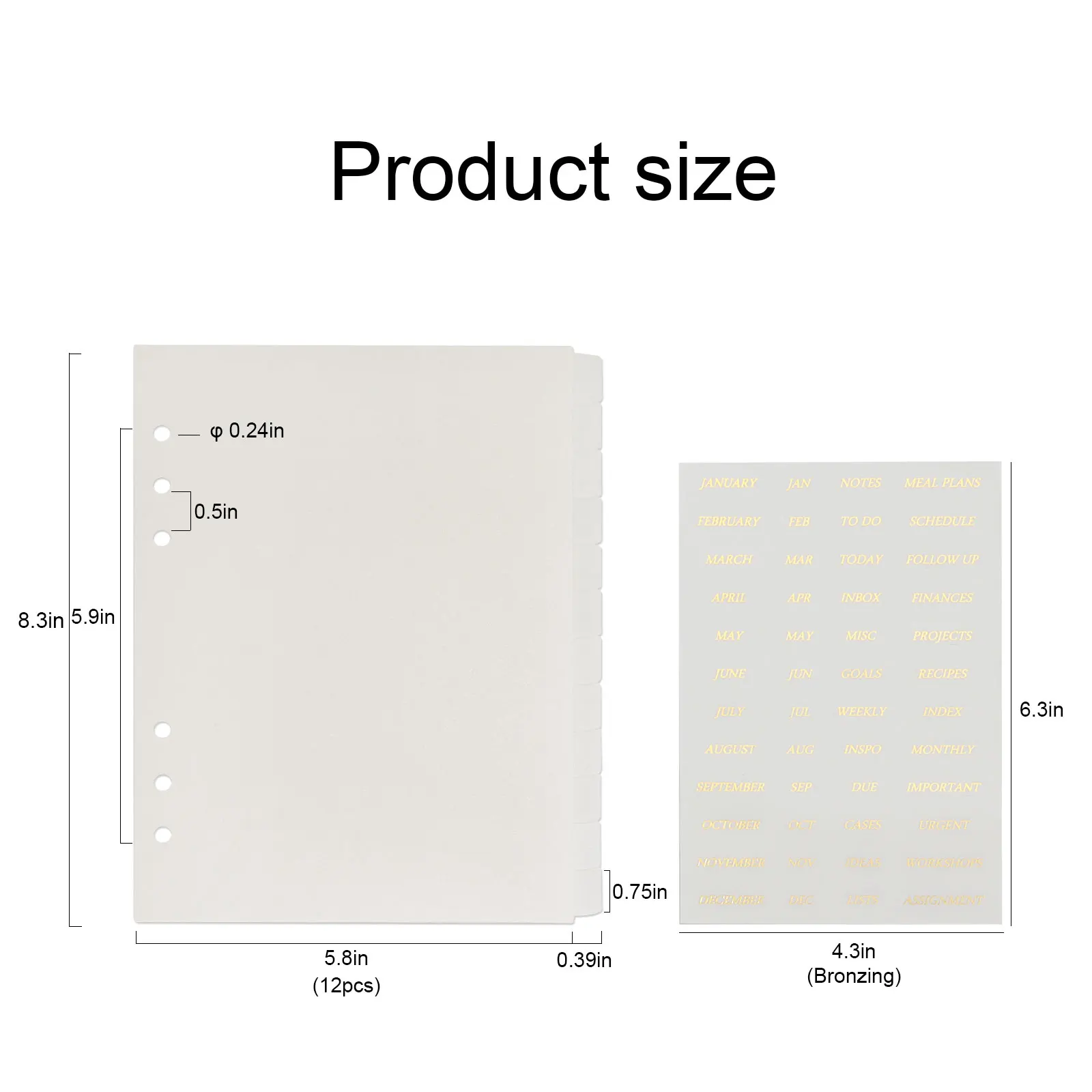 Neutral Foild Gold Stickers A5 Tabbed Divider Plasctic Book Dividers 12 Tabs Notebook 6 Hole Index Tabs Planner Divider Pages