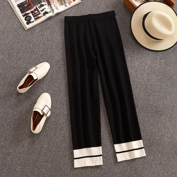 Korean New Knitted Pants Set 2019 Chic V-neck Cardigan Tops Trim Hem Ruffled Sweater and Wide leg pants 2 Piece Set Female