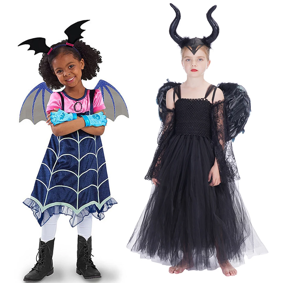 Halloween Girls Maleficent Gown Dress Black Devil Queen Cosplay Dress Tutu Costume Disguise Vampire Clothes With Feather Shawl