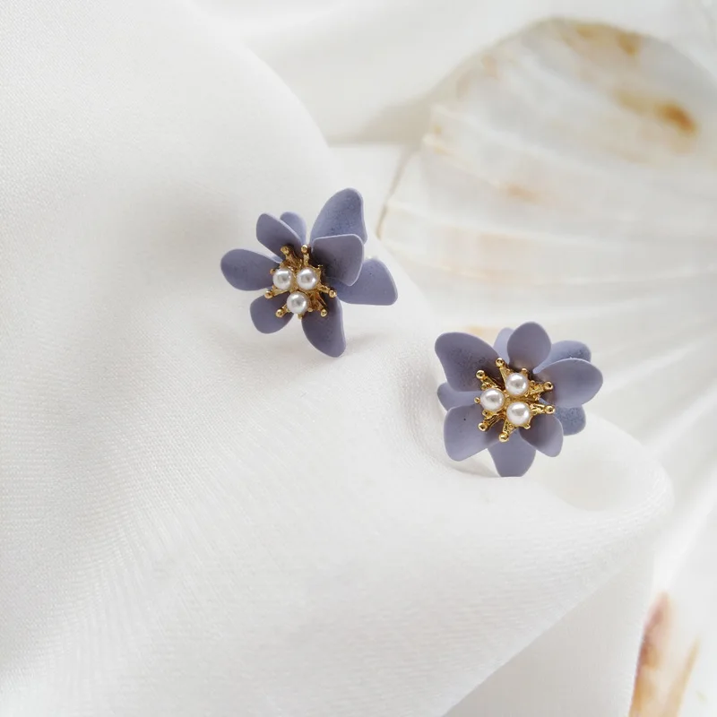 Ears Clips Temperament Korean Style Summer Sweet Gray Small Purple Flowers Pearl Clip Earrings Without Piercing