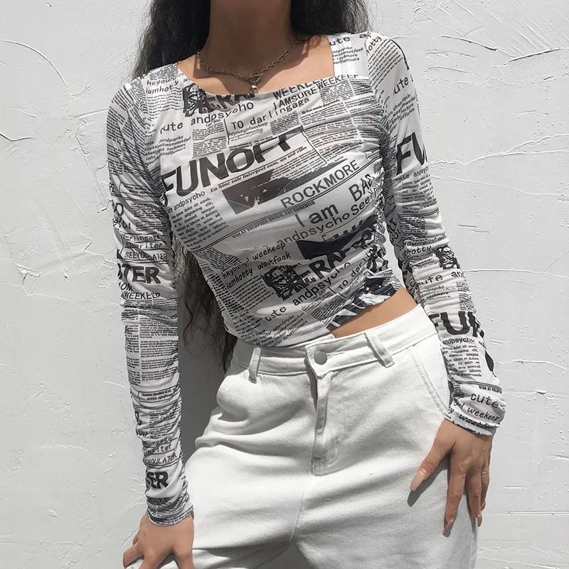 

2022 Autumn European And American Street Shooting Newspaper Printing Slim Long-sleeved Mesh T-shirt Top Female INS New Women's C