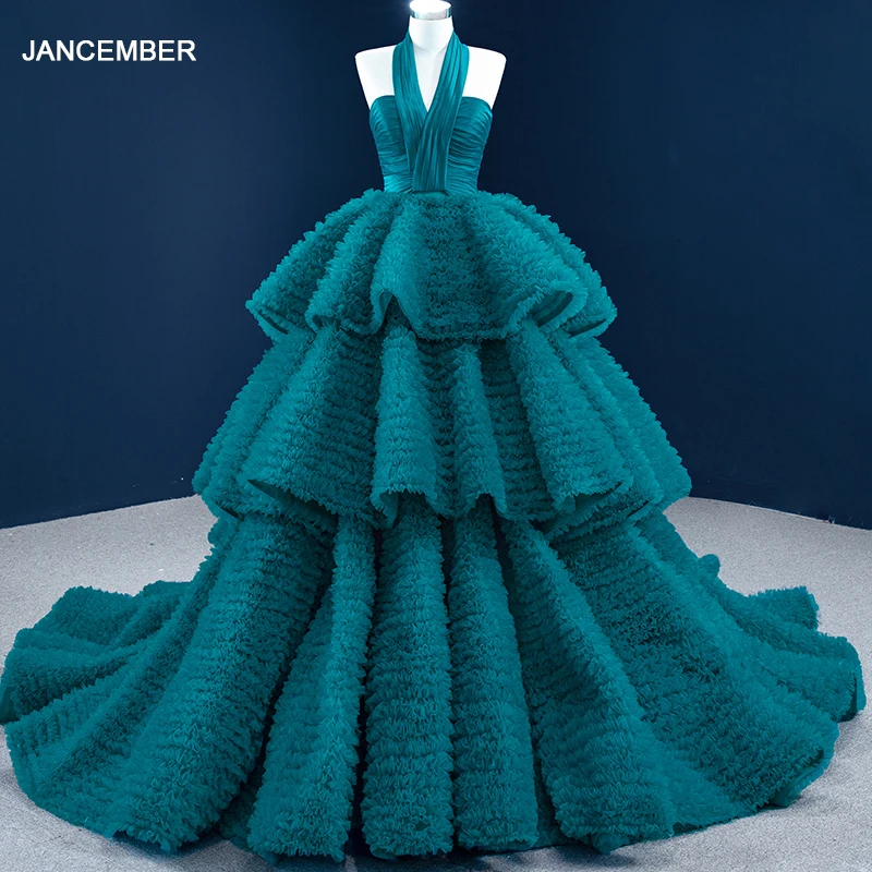 

J67232 JANCEMBER Peacock Blue Ball Gown Halter Neck Sleeveles Evening Dress 2021 Tiered Chapel Train