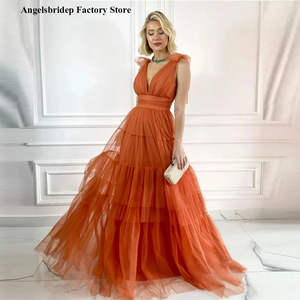 Angelsbridep A Line Orange Prom Dresses V Neck Ruffled Tiered Skirt Back Lace-up Evening Gowns Robes De Soirée Evening Dresses