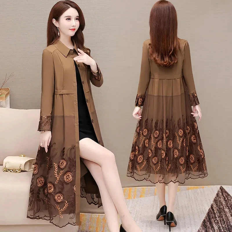 Women's Trench Coat Ladies Spring Autumn Lace Stitching Windbreaker Female Embroidered Dress Loose Fashion Long Coat