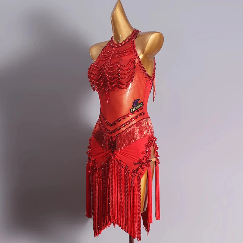 New Latin Dance Dress Female High-End Rhinestone Fringe Dress Red Competition Dress Samba Salsa Rumba Show Stage Costume BL6596