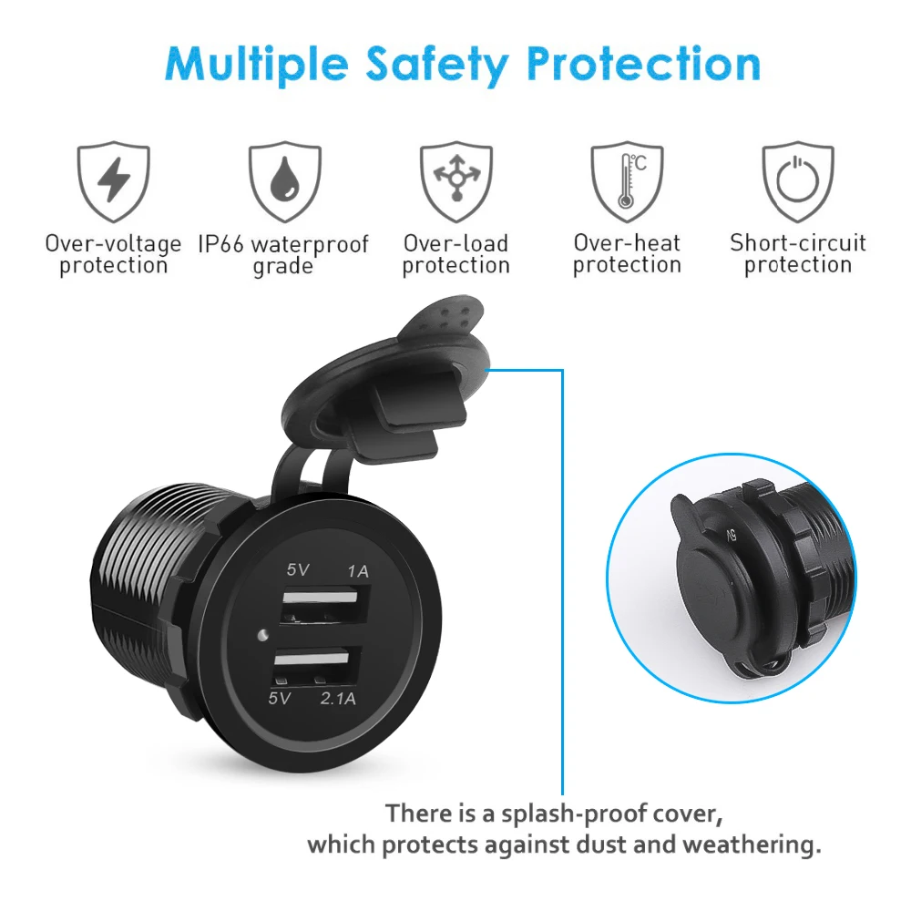 12V Dual USB Port Cigarette Lighter Socket Plug Outlet Car Charger LED Voltmeter Waterproof Mobile Phone Smart Charging Adapter