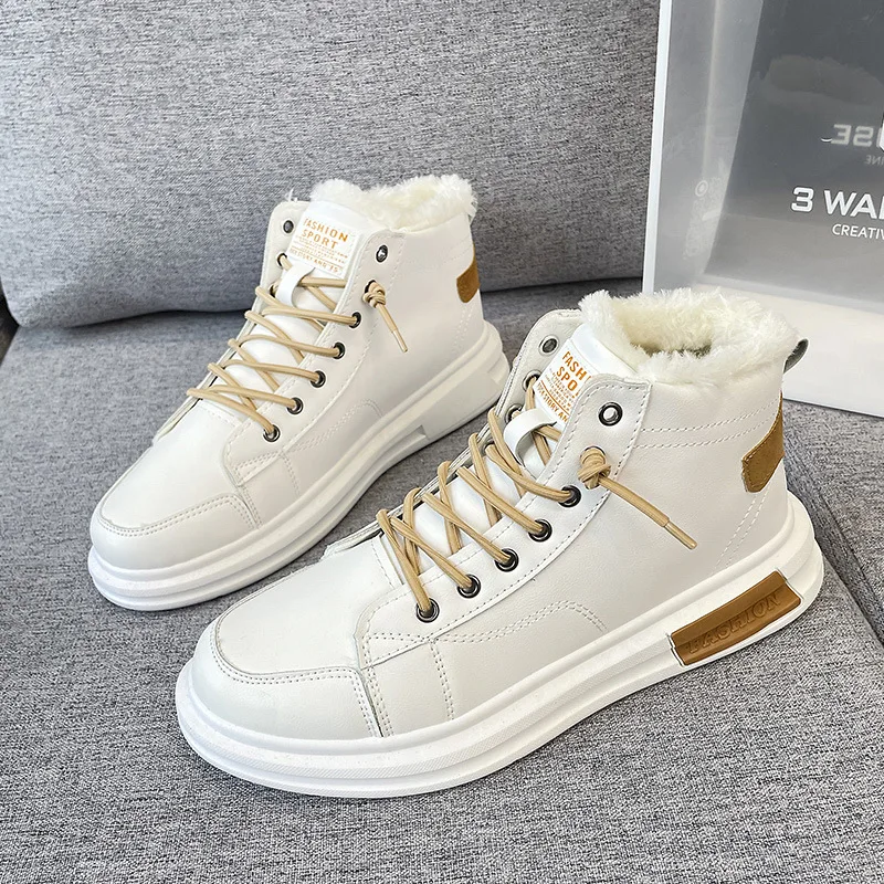 Men Shoes Autumn Winter 2021 New High Top Sneakers Men Leather Casual Shoes Plush Warm White Platform Boots Zapatos De Hombre