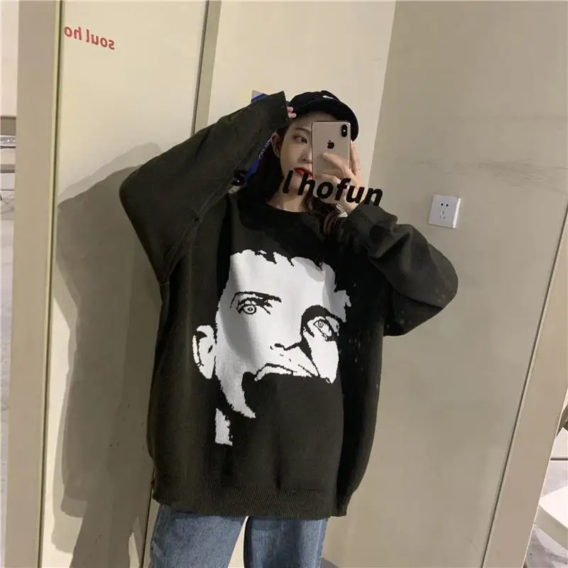 Women Harajuku Streetwear Christmas Sweater Figure Face Print Crewnecks Shirts Oversize Korean Style Clothes Hip Hop Pullovers