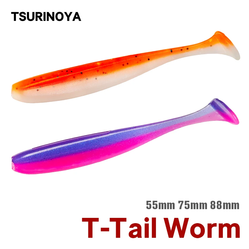 TSURINOYA NEW Fishing Lures T Tail Wrom 55mm 65mm 75mm 88mm Add Odor Attractant Bass Artificial Soft Bait