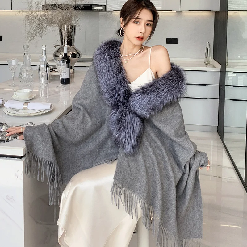 

MENINA BONITA 2022 Winter Jacket Women Tassel Ponchos Natural Real Fox Fur Collar Cashmere Wool Blends Coat Warm New Outerwear