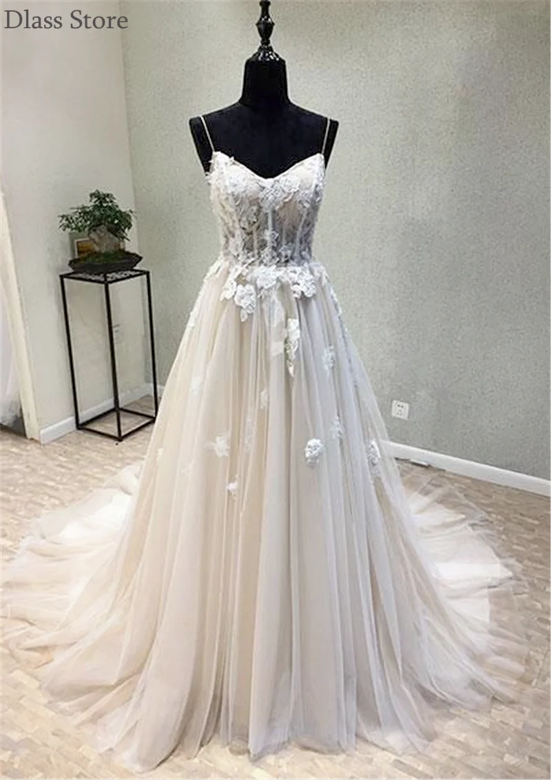 Ivory Evening Dress Spaghetti Straps A-line Applique V-neck Illusion Lace-up Back Sweep Train Prom Dresses платья знаменитостей