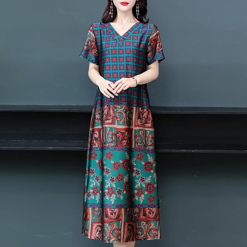 

New Fashion Summer Dresses For Women 2023 Floral Print Short Sleeve Long Maxi Elegant Vintage V-Neck Dresses Women Clothing