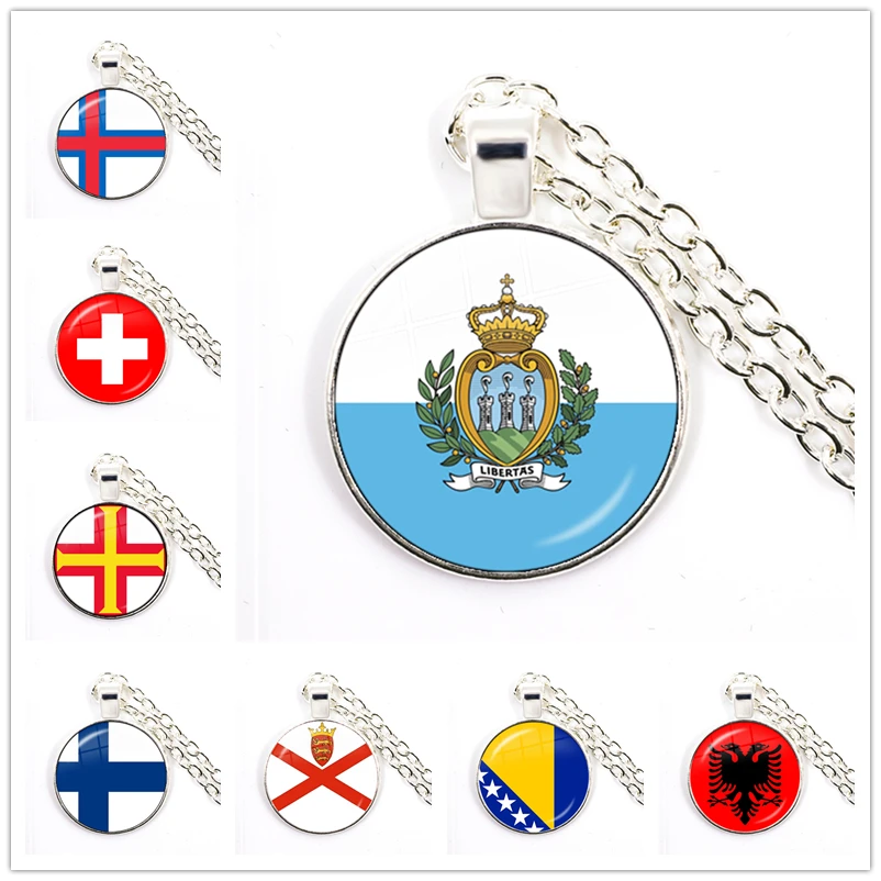 Gibraltarian Jersey San Marino Switzerland Guernsey Finland Faroe Islands Bosnia And Herzegovina Albania Glass Pendant Necklace