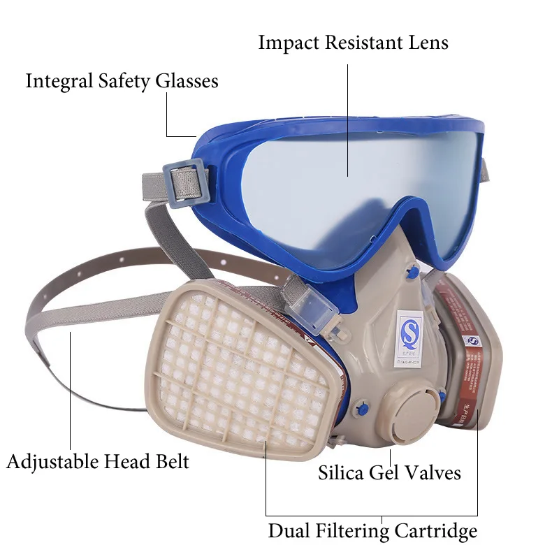 Full Set Gas Chemical Respirator Face Shield Mask Dual Filters Safety Glasses For Painting Spraying Welding Grinding Protection