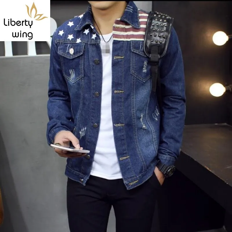 

Top New Arrival Men Jean Jackets Long Sleeve Casual Jacket Slim Fit Fashion Design American flag Pattern Outerwear Coat