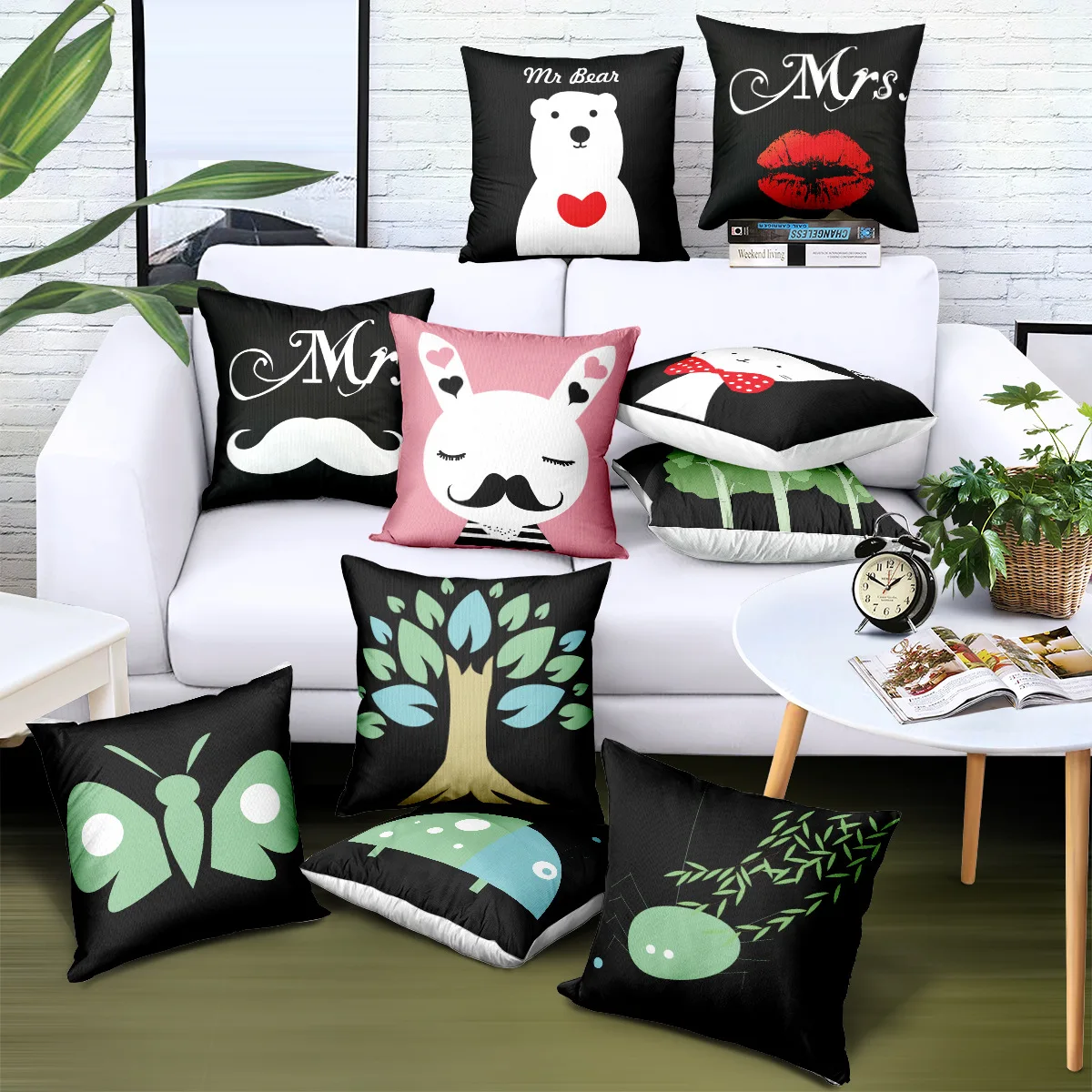 Hand painted Trees Butterfly Cat Black Cushion Covers Polyester Twill Fabric Print Pillowcase Nordic Sofa Throw Pillows Cover