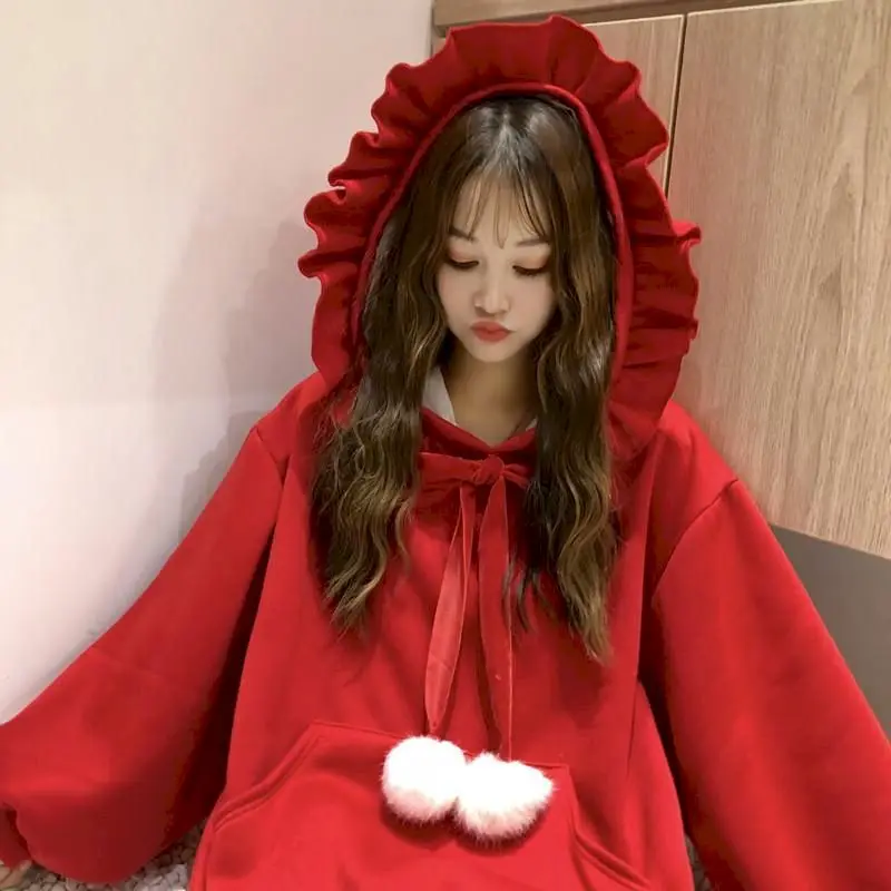 Christmas Loose Hoodies Women's Winter Large Size Red Cute Ins Hooded Jacket Oversized Coat Kawaii Clothes Christmas Costumes