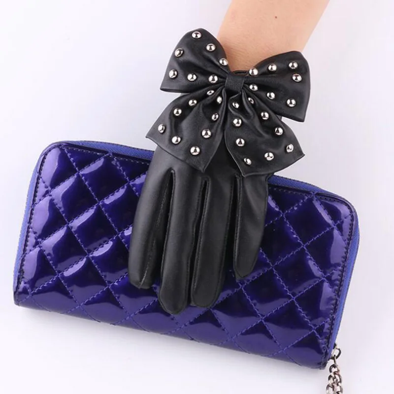 The same rivet oversized bowknot ladies fashion imitation leather gloves pu stage performance gloves S85