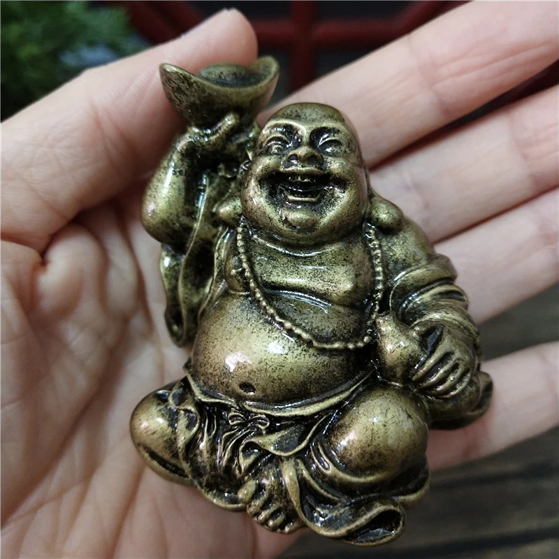 Cor de bronze dinheiro rindo buda estátua ornamentos resina feng shui chinês maitreya buda escultura estatuetas decoração para casa