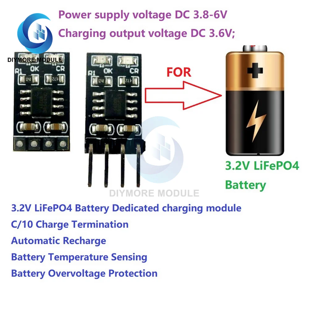 Dedicated 3.2V LiFePO4 Battery Charger Module 3.6V 1A CV/ CC wtih Overvoltage Protection Automatic Recharge Low-Power Sleep Mod