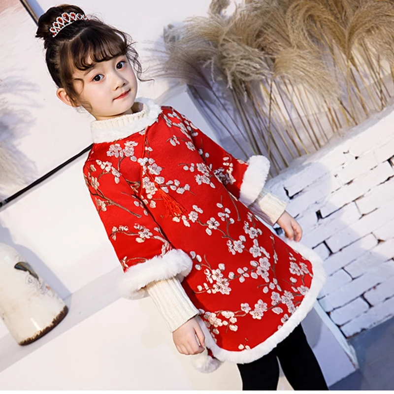 Robe chinoise rouge pour filles, nouvelle collection hiver, vêtements de nouvel an pour enfants, Hanfu cheongsam, qipao