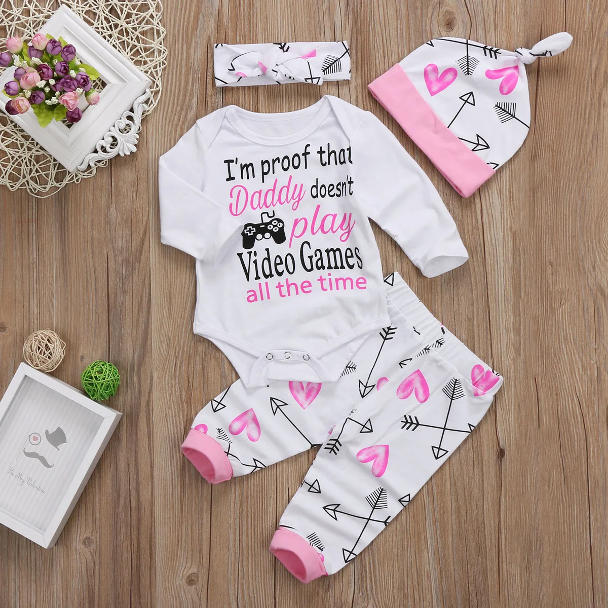 4PCS Newborn Toddler Kids Baby Girl Clothes Set Letter Printed Top Romper Long Pants Hat Outfits Clothing 0-24M