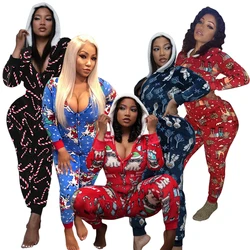 Christmas Women's Printed Sleepwear Long Sleeve Elastic Cat Elk Snowflake Romper Sleeping Jumpsuit Ziped Home Wear