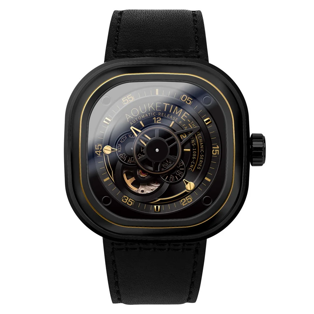 orologio da polso da uomo, orologi automatici da uomo AOUKE orologio da polso meccanico di moda da uomo di lusso cinturino in pelle relogio scheletrato impermeabile