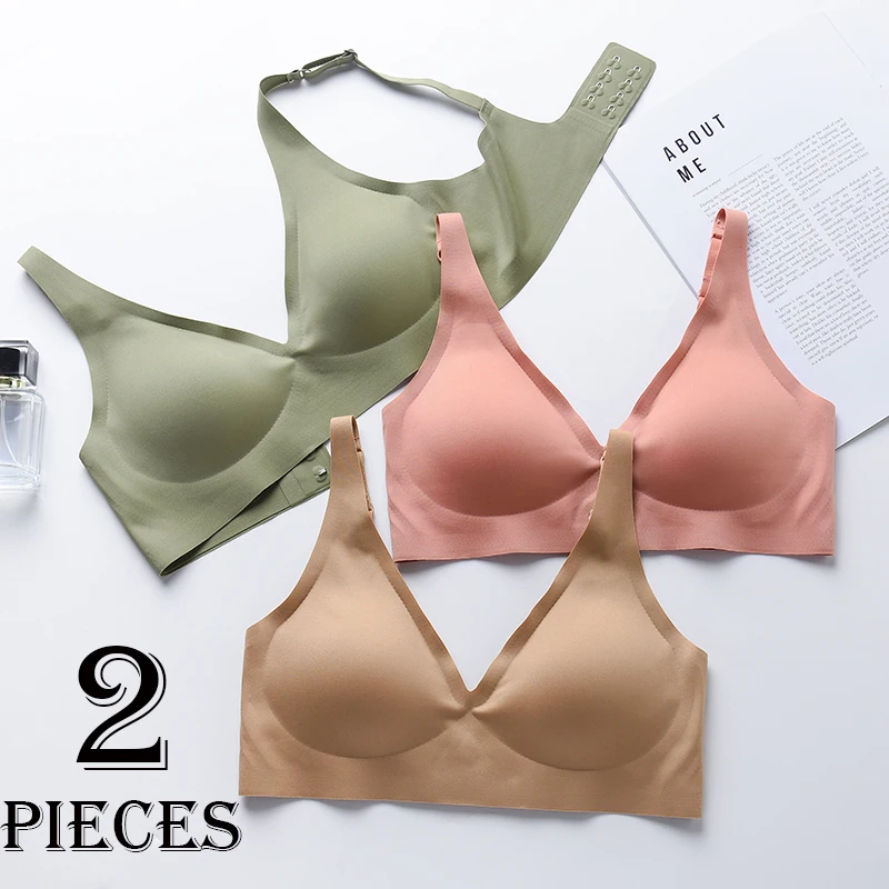 2pcs Sexy Lingerie Seamless Bra Women Underwear Wireless Latex Woman Bra Deep V Adjustable JELL-O Strips Thin Comfortable